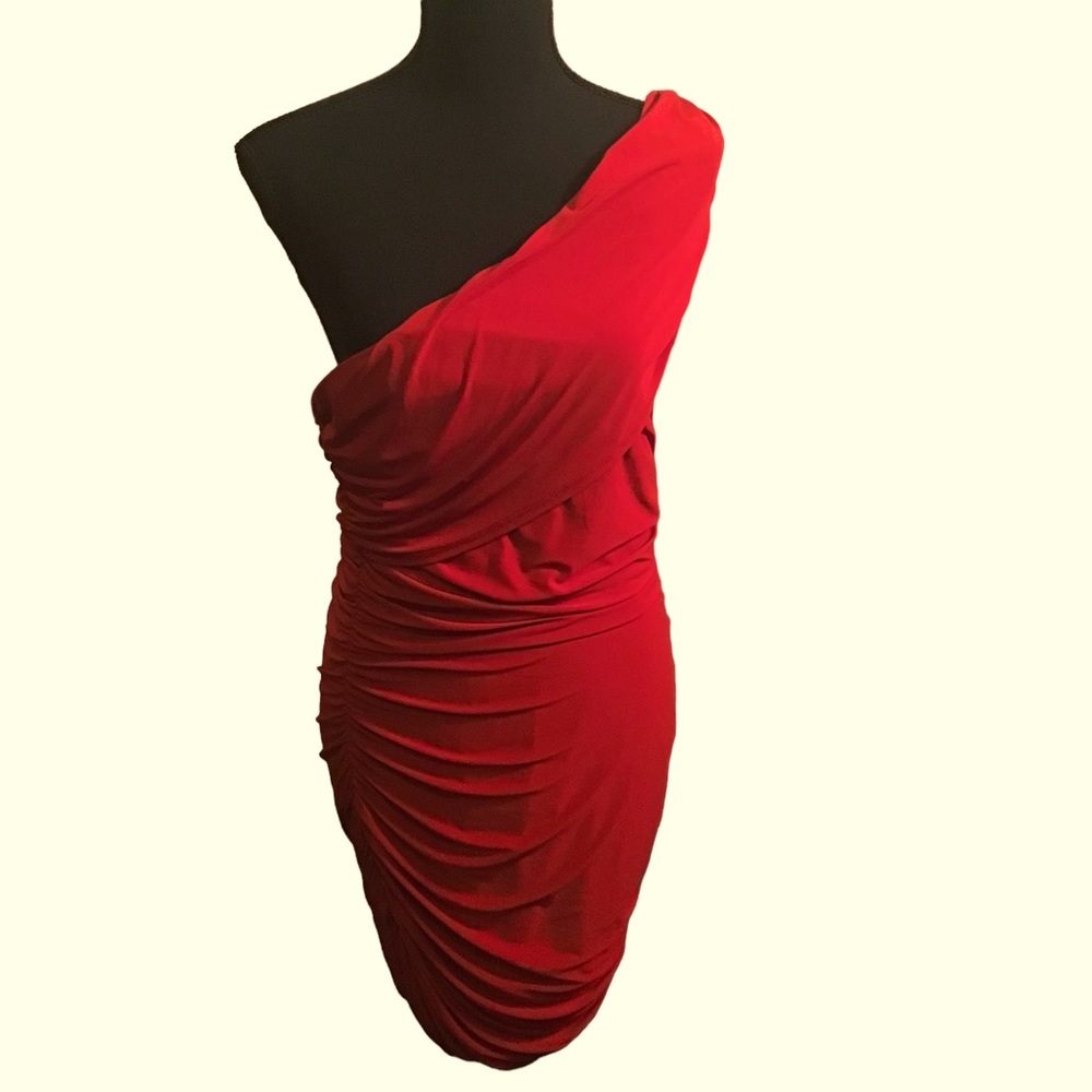 Red Ruched Single Shoulder Dress-Size XL